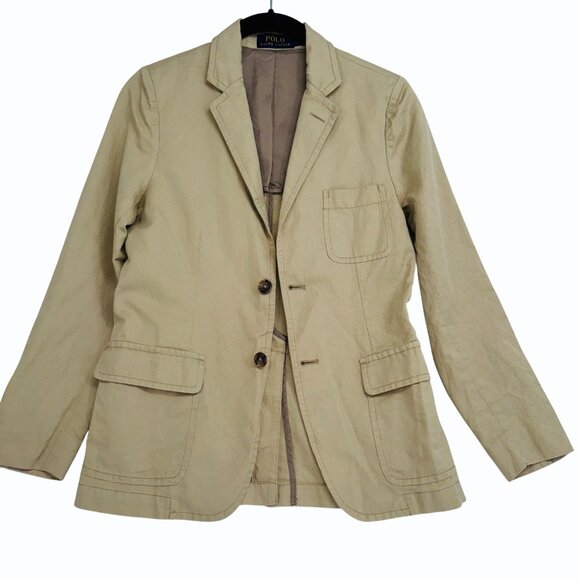 Polo Ralph Lauren Youth Khaki 2-Button Blazer Jacket Size 10-12 Linen Cotton - Picture 2 of 11